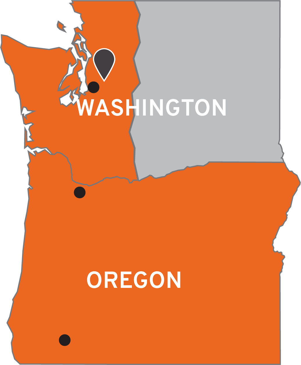 Map of Washington and Oregon with Toyota Lift Northwest's Territory in Orange and 4 locations marked