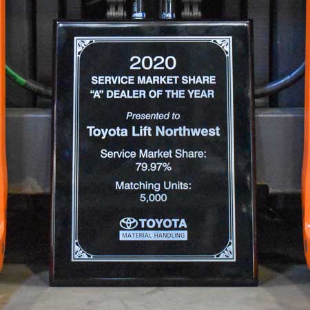 Toyota Material Handling 2020 Service Market Share "A" Dealer of the Year award