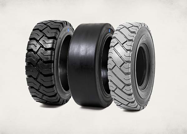 A line-up of 3 Camso forklift tires