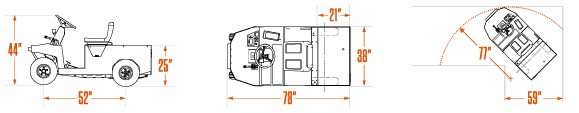 The MT 290's size dimensions and turning radius.